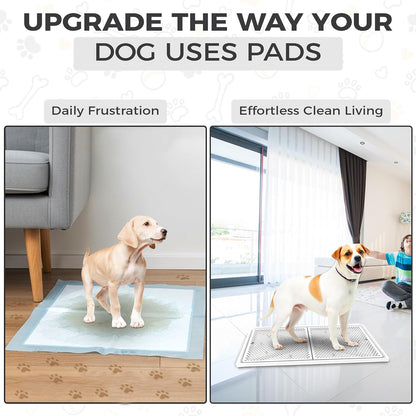 Dog Pee Pad Holder with Raised Mesh Grate – Expandable Indoor Puppy Potty Tray, Heavy Duty Plastic, Keeps Paws Dry, Fits Standard 24x15 Pads –