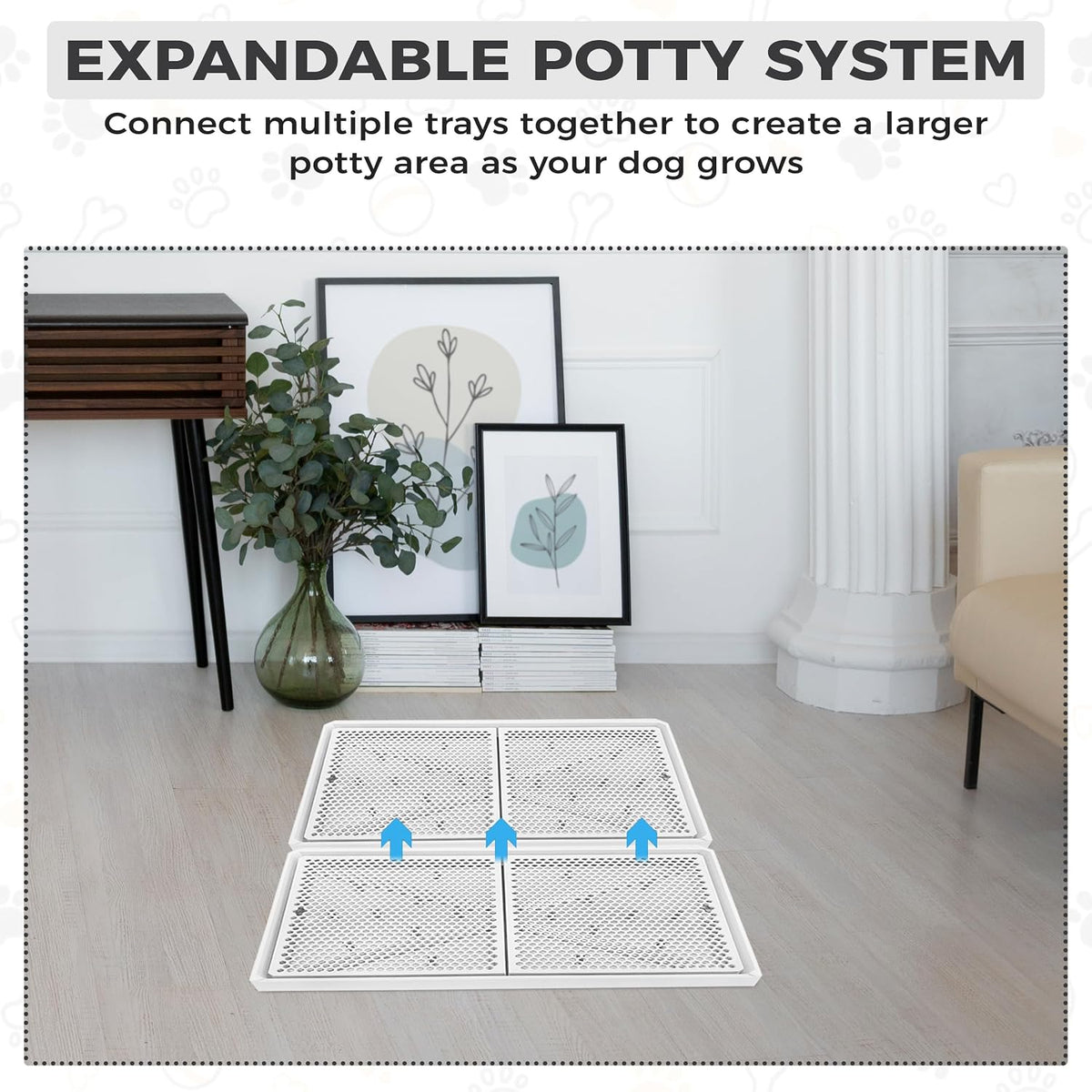 Dog Pee Pad Holder with Raised Mesh Grate – Expandable Indoor Puppy Potty Tray, Heavy Duty Plastic, Keeps Paws Dry, Fits Standard 24x15 Pads –