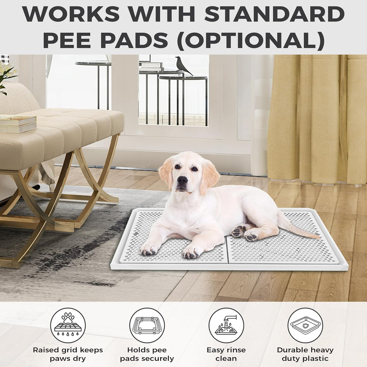 Dog Pee Pad Holder with Raised Mesh Grate – Expandable Indoor Puppy Potty Tray, Heavy Duty Plastic, Keeps Paws Dry, Fits Standard 24x15 Pads –