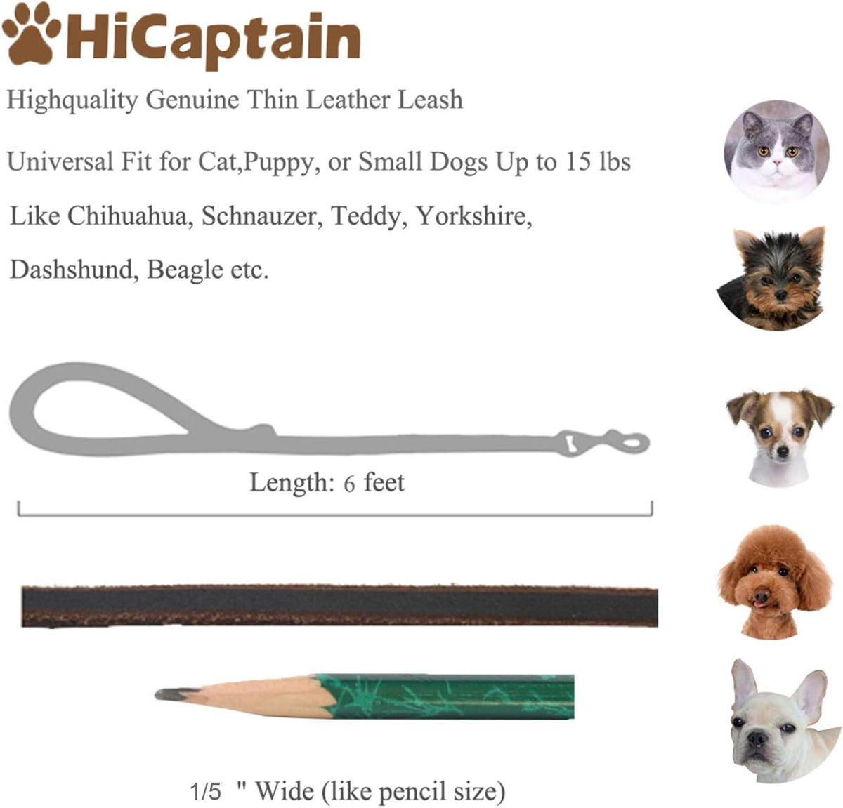 Genuine Thin Leather Dog Leash for Small Dogs, Leather Training Dog Leash for Medium Dogs, Puppy, Cats, Up to 15 lb, 1/3 Inch Wide