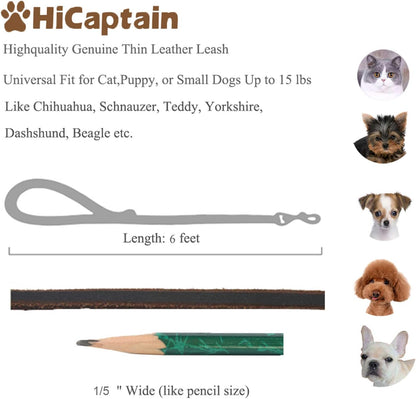 Genuine Thin Leather Dog Leash for Small Dogs, Leather Training Dog Leash for Medium Dogs, Puppy, Cats, Up to 15 lb, 1/3 Inch Wide