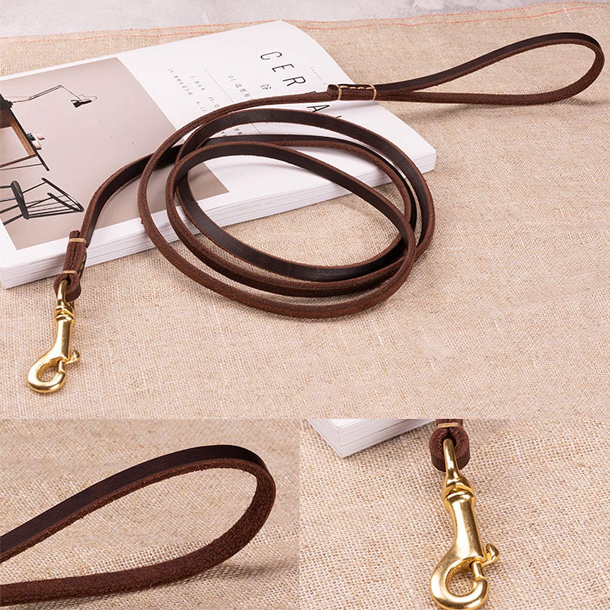 Genuine Thin Leather Dog Leash for Small Dogs, Leather Training Dog Leash for Medium Dogs, Puppy, Cats, Up to 15 lb, 1/3 Inch Wide