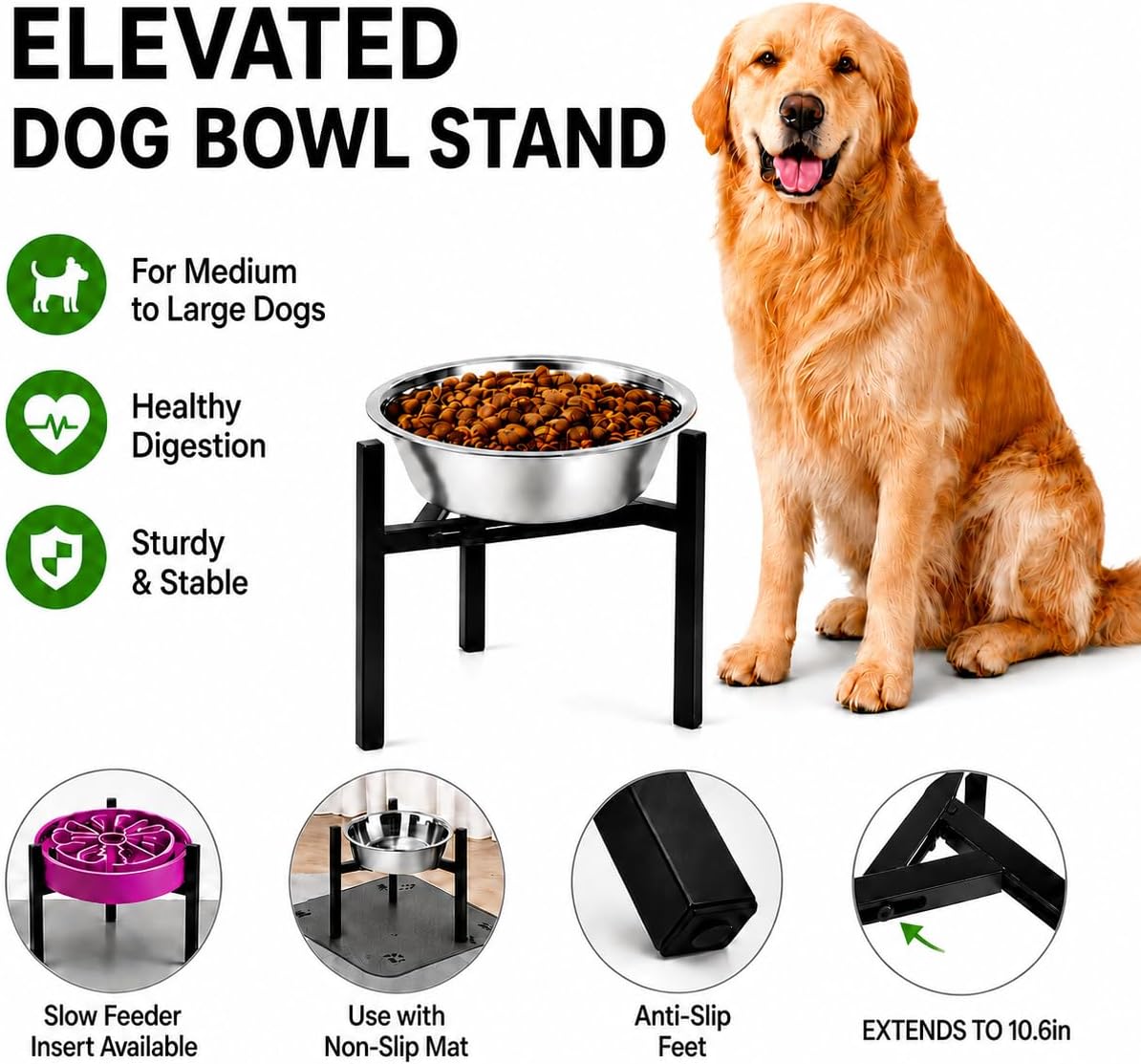 Adjustable Width Dog Bowl Holder - Single Bowl Feeder for Medium to Large Breed Dogs, fits Bowls from 8-11 inches, Sturdy Metal Construction, Ergonomic Design (Bowl not Included)