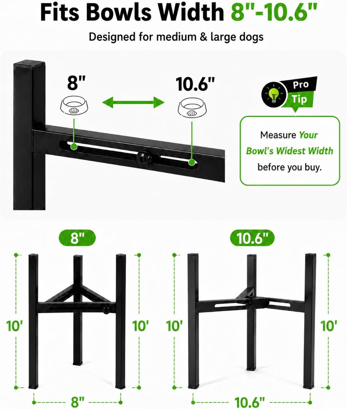 Adjustable Width Dog Bowl Holder - Single Bowl Feeder for Medium to Large Breed Dogs, fits Bowls from 8-11 inches, Sturdy Metal Construction, Ergonomic Design (Bowl not Included)