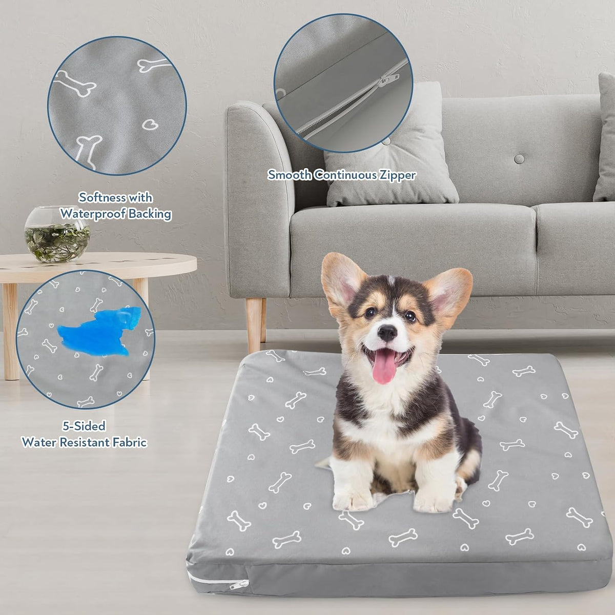 Waterproof Dog Bed Cover, Grey Bone Print 27 x 36 x 4 Inch, Cover Only | Removable Dog Bed Covers Replacement Washable with Smooth Zipper, Indoor/Outdoor, for Dog/Cat
