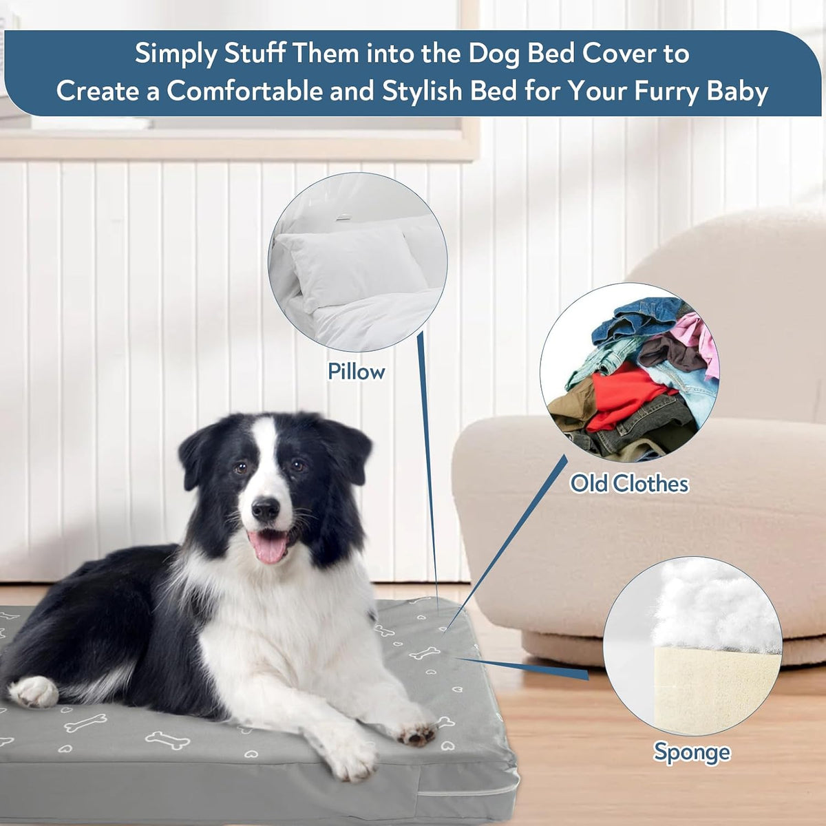 Waterproof Dog Bed Cover, Grey Bone Print 27 x 36 x 4 Inch, Cover Only | Removable Dog Bed Covers Replacement Washable with Smooth Zipper, Indoor/Outdoor, for Dog/Cat