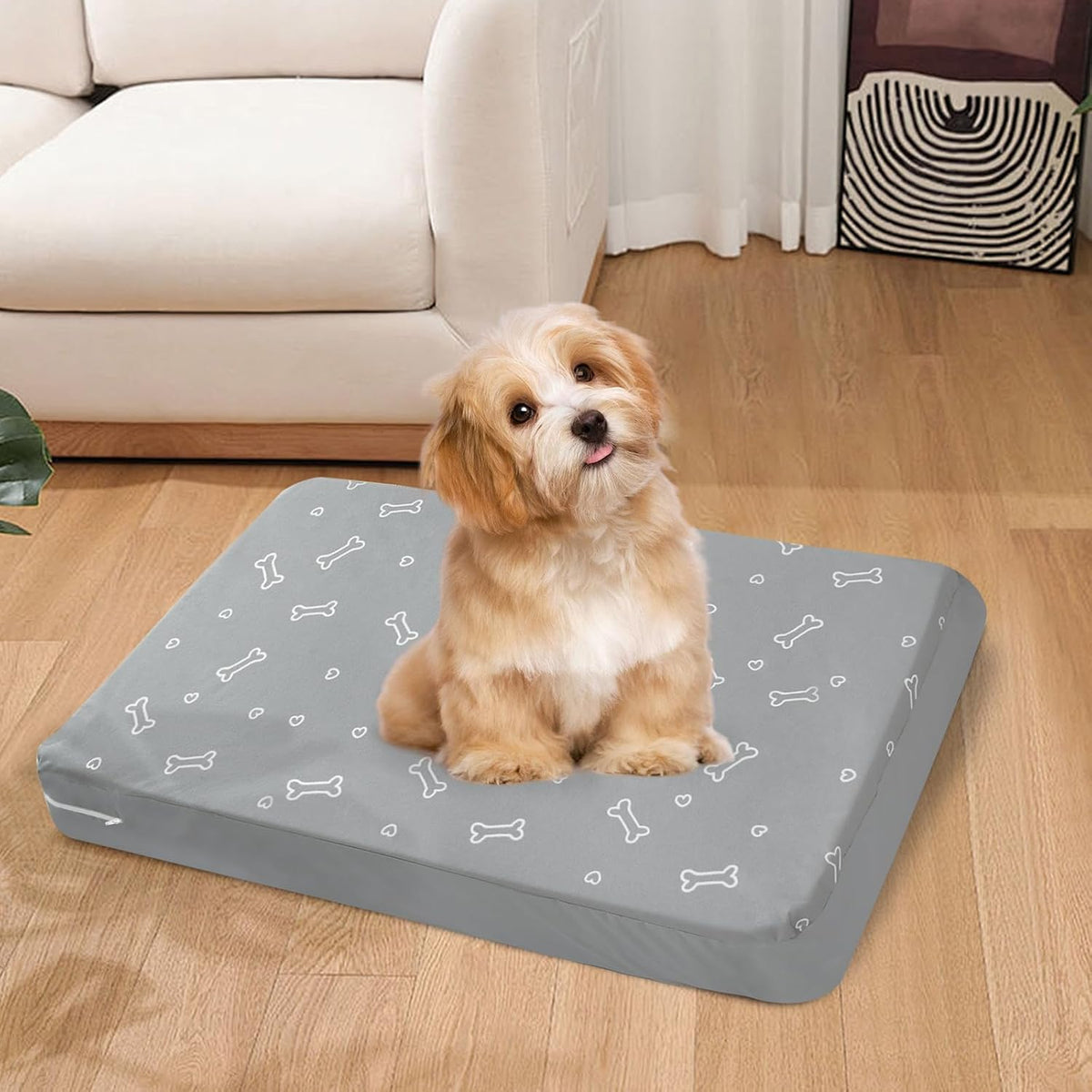Waterproof Dog Bed Cover, Grey Bone Print 27 x 36 x 4 Inch, Cover Only | Removable Dog Bed Covers Replacement Washable with Smooth Zipper, Indoor/Outdoor, for Dog/Cat
