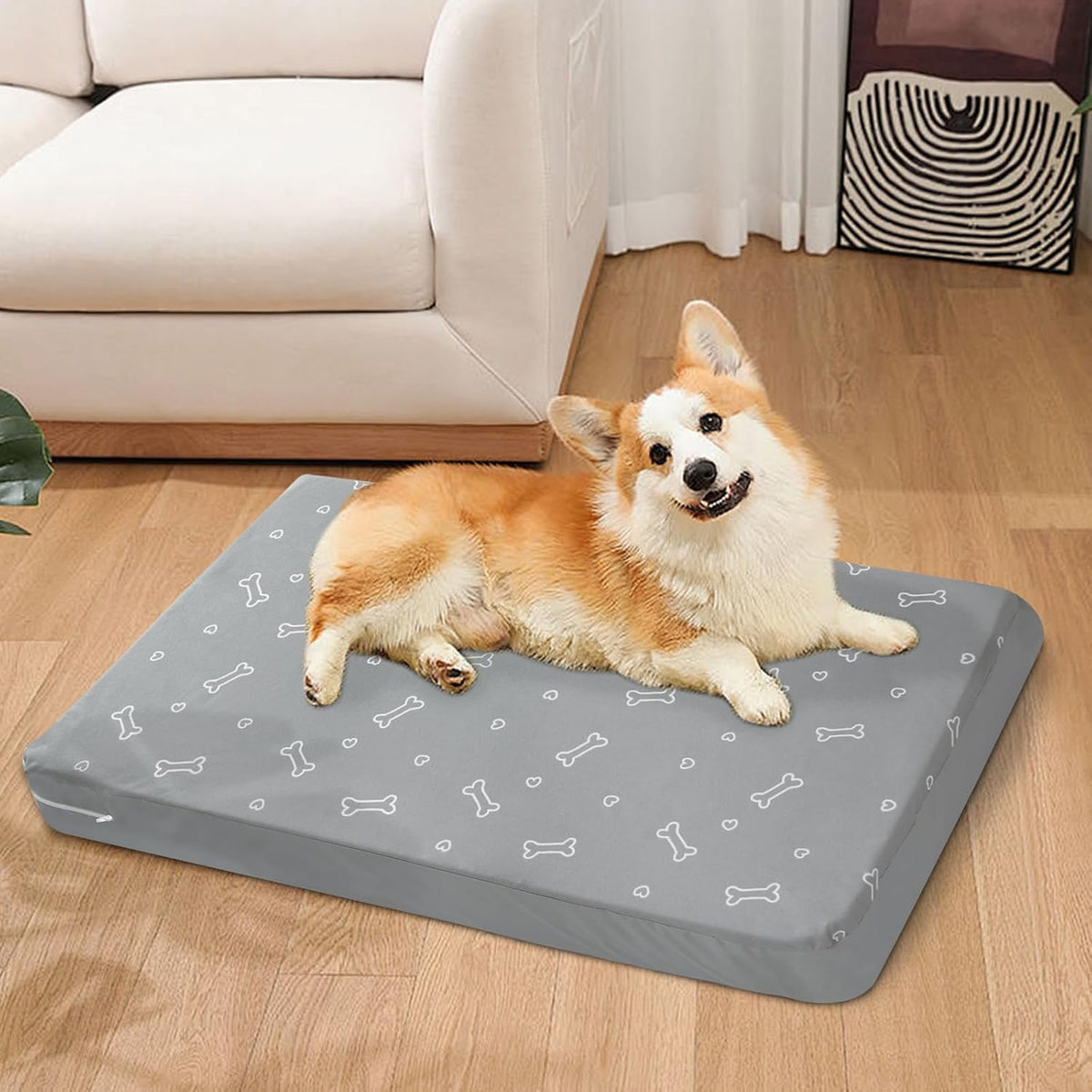 Waterproof Dog Bed Cover, Grey Bone Print 27 x 36 x 4 Inch, Cover Only | Removable Dog Bed Covers Replacement Washable with Smooth Zipper, Indoor/Outdoor, for Dog/Cat