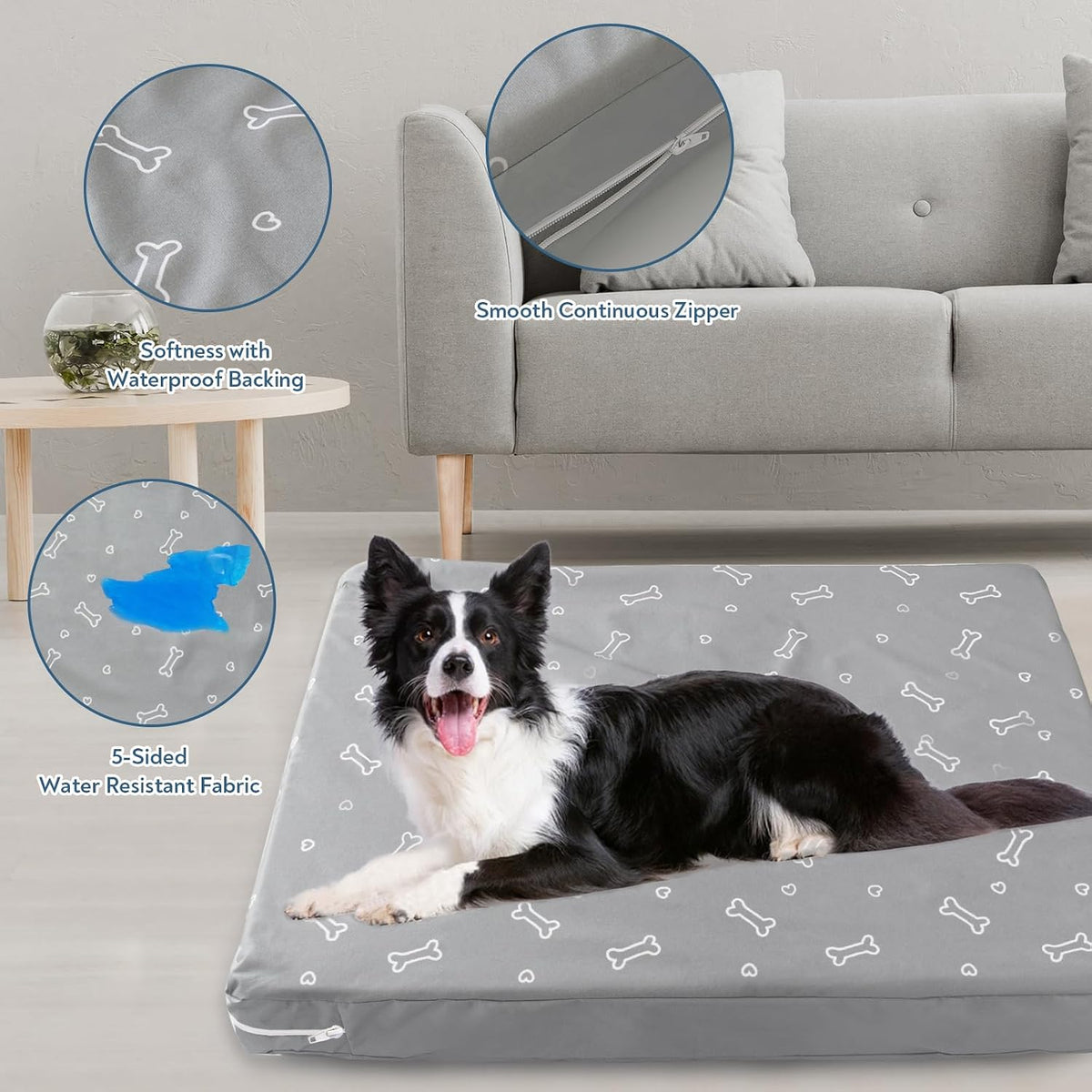 Waterproof Dog Bed Cover, Grey Bone Print 27 x 36 x 4 Inch, Cover Only | Removable Dog Bed Covers Replacement Washable with Smooth Zipper, Indoor/Outdoor, for Dog/Cat