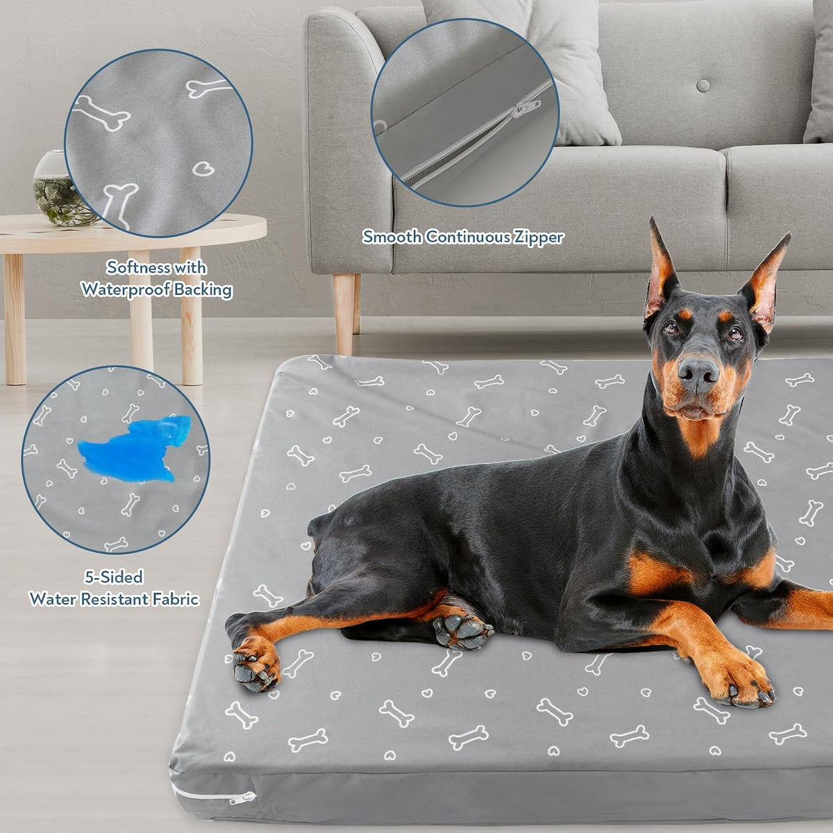 Waterproof Dog Bed Cover, Grey Bone Print 27 x 36 x 4 Inch, Cover Only | Removable Dog Bed Covers Replacement Washable with Smooth Zipper, Indoor/Outdoor, for Dog/Cat