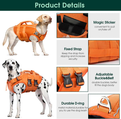Dog Life Jacket, High Flotation Reflective Dog Life Vest, Orange, XL