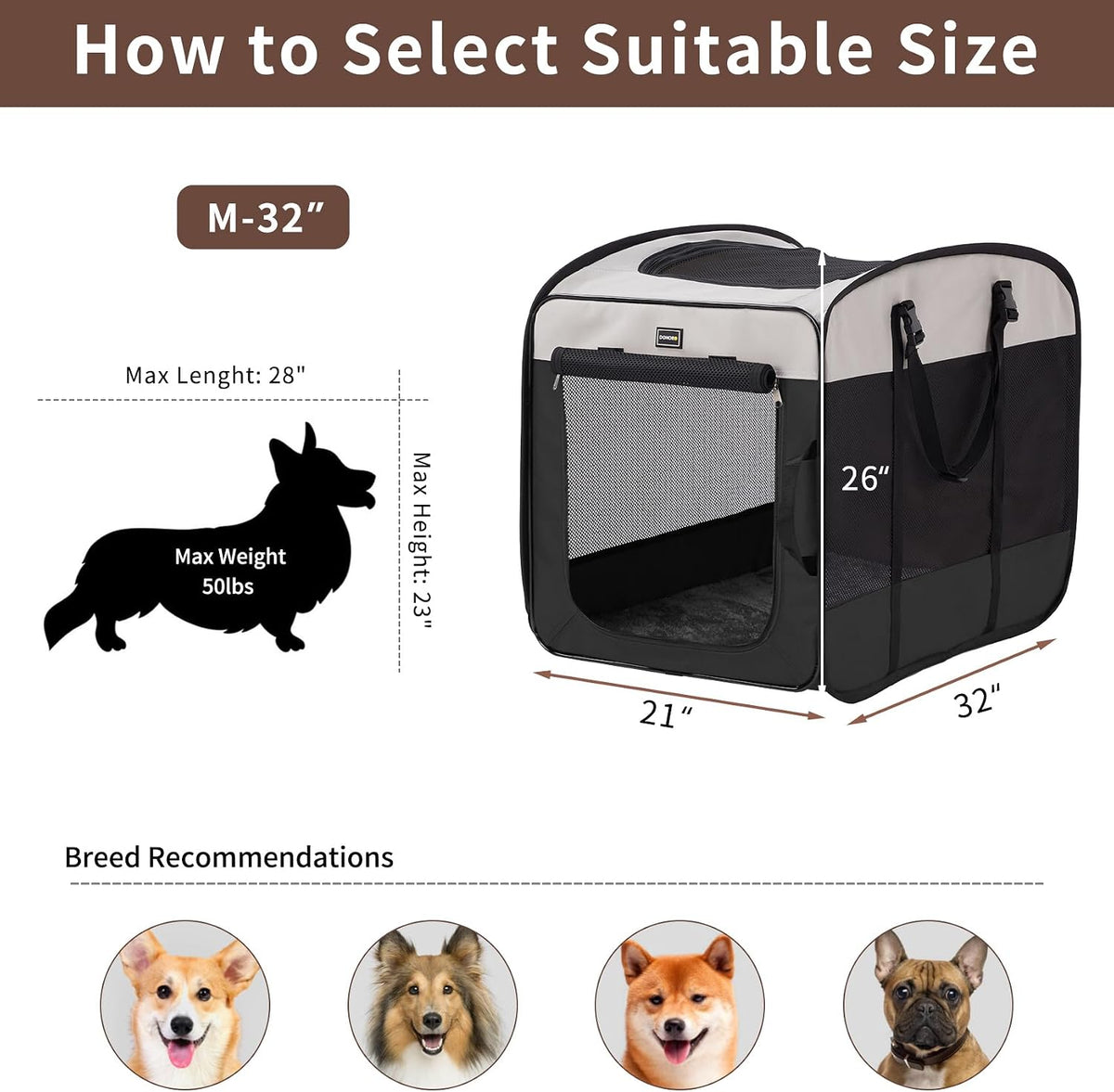 Dog Kennels and Crates for Medium Dogs, Portable Pop Up Indoor Pet Cage with Sturdy Wire Frame, Collapsible Travel Crate Soft Sided Cat Bag Escape Proof (Brown, 28.0" L x 18.0" W x 22.0" H)