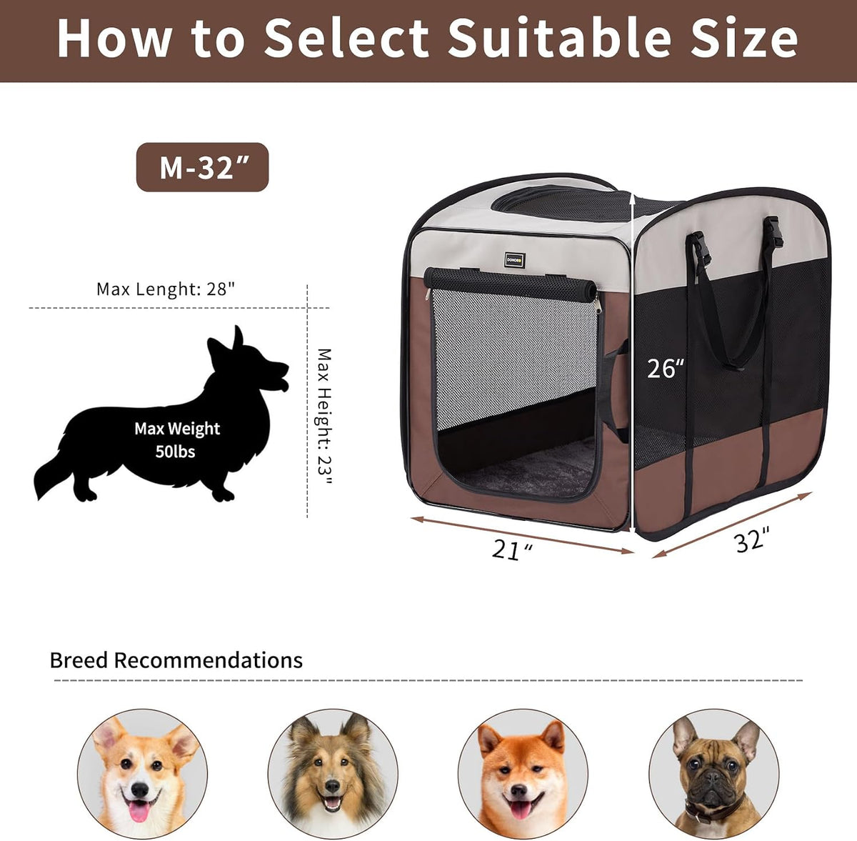 Dog Kennels and Crates for Medium Dogs, Portable Pop Up Indoor Pet Cage with Sturdy Wire Frame, Collapsible Travel Crate Soft Sided Cat Bag Escape Proof (Brown, 28.0" L x 18.0" W x 22.0" H)