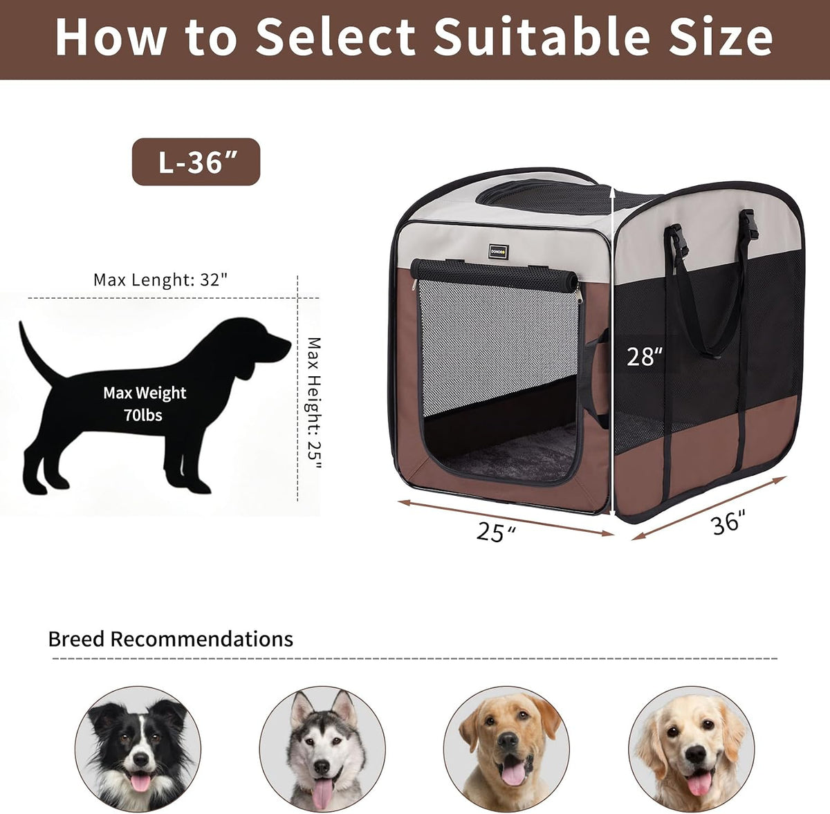 Dog Kennels and Crates for Medium Dogs, Portable Pop Up Indoor Pet Cage with Sturdy Wire Frame, Collapsible Travel Crate Soft Sided Cat Bag Escape Proof (Brown, 28.0" L x 18.0" W x 22.0" H)