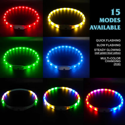 Light Up RGB Dog Pet Collar Multicolor Rainproof, LED USB C Rechargeable Glow in The Dark Collar for Night Walks, Soft Silicone Collar Cuttable for Small Medium Large Dogs 15 Color Modes