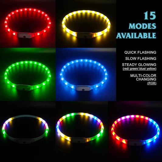 Light Up RGB Dog Pet Collar Multicolor Rainproof, LED USB C Rechargeable Glow in The Dark Collar for Night Walks, Soft Silicone Collar Cuttable for Small Medium Large Dogs 15 Color Modes