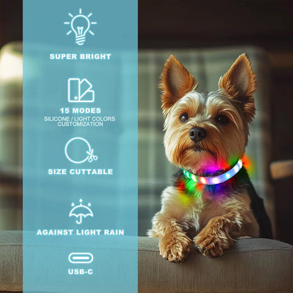 Light Up RGB Dog Pet Collar Multicolor Rainproof, LED USB C Rechargeable Glow in The Dark Collar for Night Walks, Soft Silicone Collar Cuttable for Small Medium Large Dogs 15 Color Modes