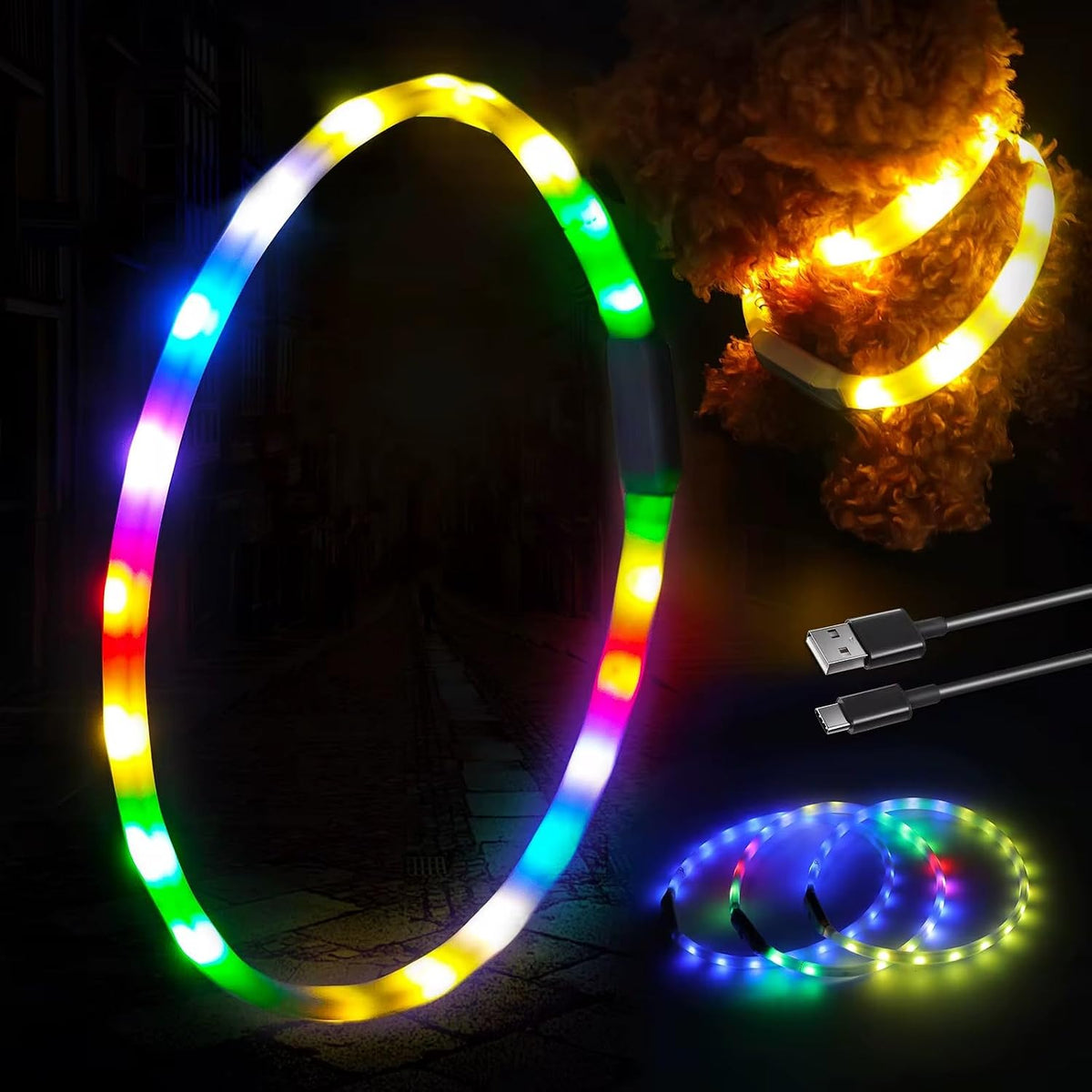 Light Up RGB Dog Pet Collar Multicolor Rainproof, LED USB C Rechargeable Glow in The Dark Collar for Night Walks, Soft Silicone Collar Cuttable for Small Medium Large Dogs 15 Color Modes