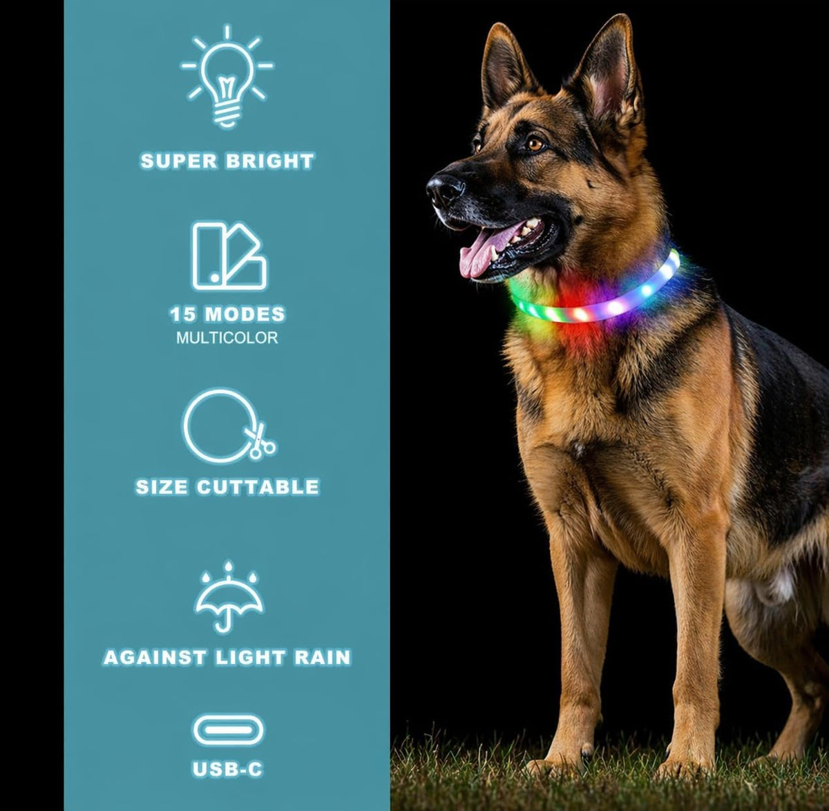 Light Up RGB Dog Pet Collar Multicolor Rainproof, LED USB C Rechargeable Glow in The Dark Collar for Night Walks, Soft Silicone Collar Cuttable for Small Medium Large Dogs 15 Color Modes