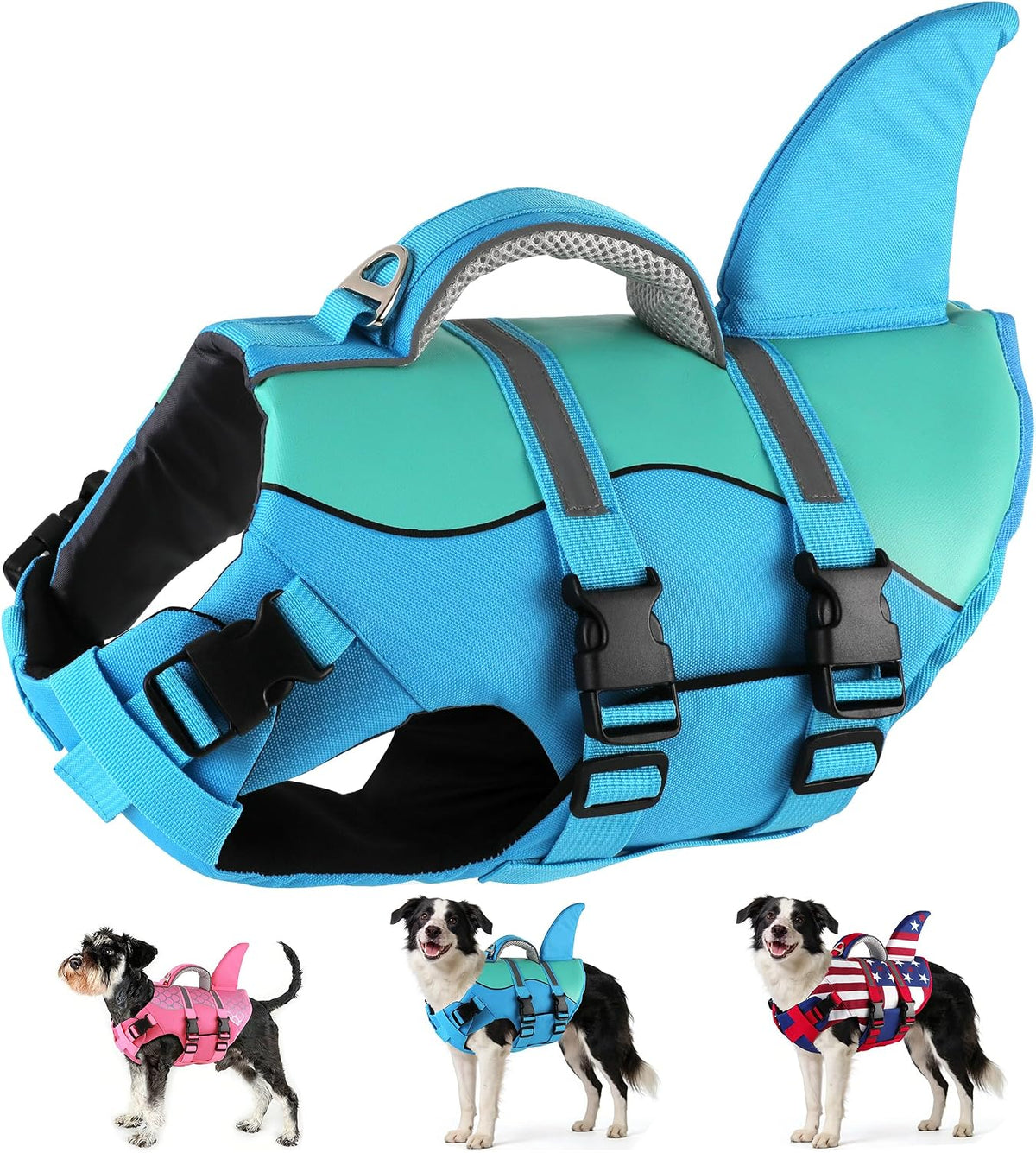 Dog Life Jacket Shark, Neoprene Harness Dog Life Vest with Lift Handle, Reflective Adjustable Pet Swim Float Vest for Small Medium Large Dogs - Blue, L