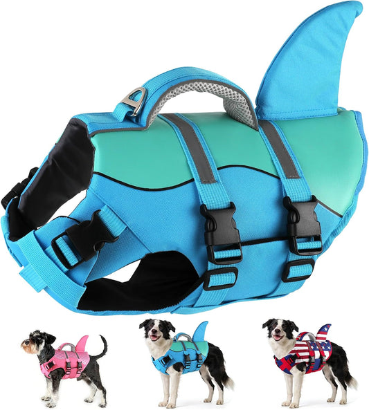 Dog Life Jacket Shark, Neoprene Harness Dog Life Vest with Lift Handle, Reflective Adjustable Pet Swim Float Vest for Small Medium Large Dogs - Blue, L