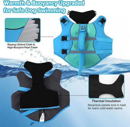 Dog Life Jacket Shark, Neoprene Harness Dog Life Vest with Lift Handle, Reflective Adjustable Pet Swim Float Vest for Small Medium Large Dogs - Blue, L