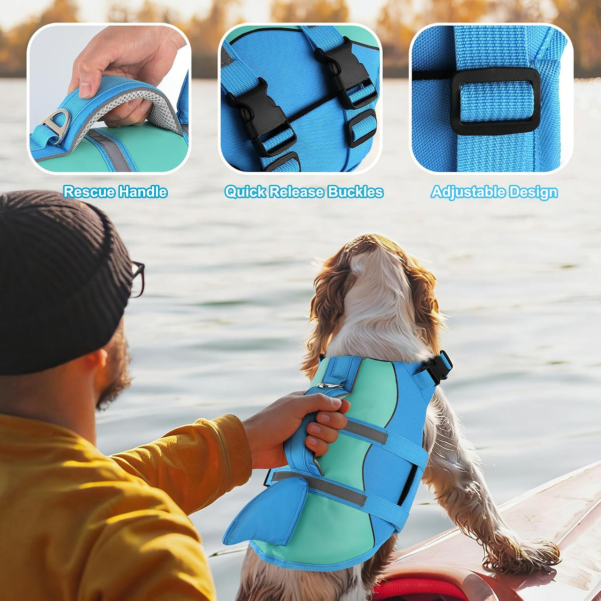 Dog Life Jacket Shark, Neoprene Harness Dog Life Vest with Lift Handle, Reflective Adjustable Pet Swim Float Vest for Small Medium Large Dogs - Blue, L