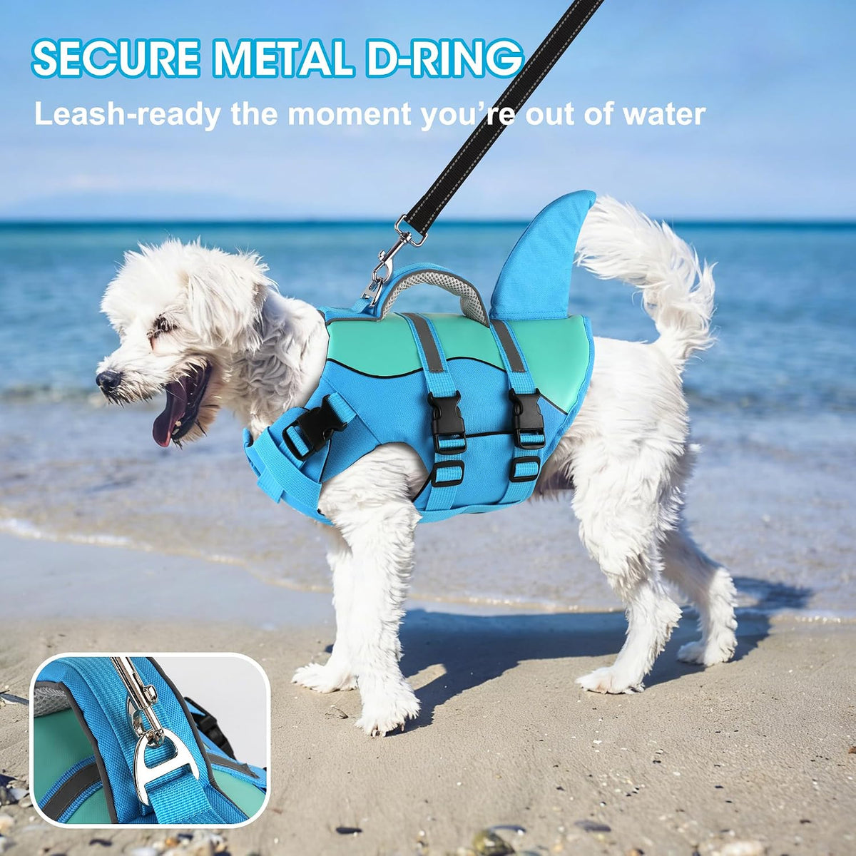 Dog Life Jacket Shark, Neoprene Harness Dog Life Vest with Lift Handle, Reflective Adjustable Pet Swim Float Vest for Small Medium Large Dogs - Blue, L