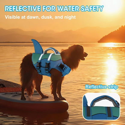 Dog Life Jacket Shark, Neoprene Harness Dog Life Vest with Lift Handle, Reflective Adjustable Pet Swim Float Vest for Small Medium Large Dogs - Blue, L