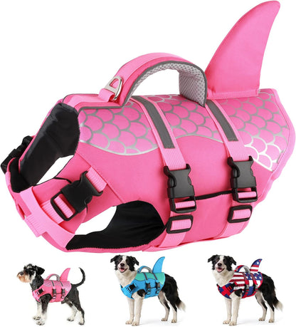 Dog Life Jacket Shark, Neoprene Harness Dog Life Vest with Lift Handle, Reflective Adjustable Pet Swim Float Vest for Small Medium Large Dogs - Blue, L