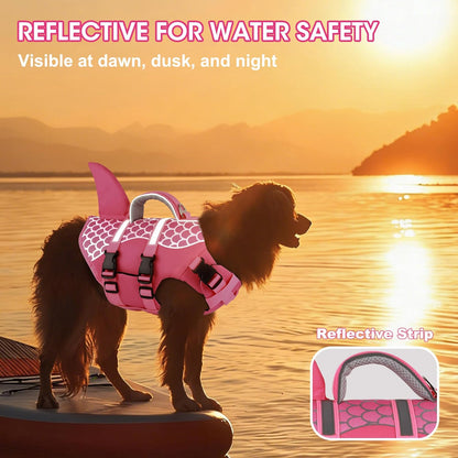 Dog Life Jacket Shark, Neoprene Harness Dog Life Vest with Lift Handle, Reflective Adjustable Pet Swim Float Vest for Small Medium Large Dogs - Blue, L