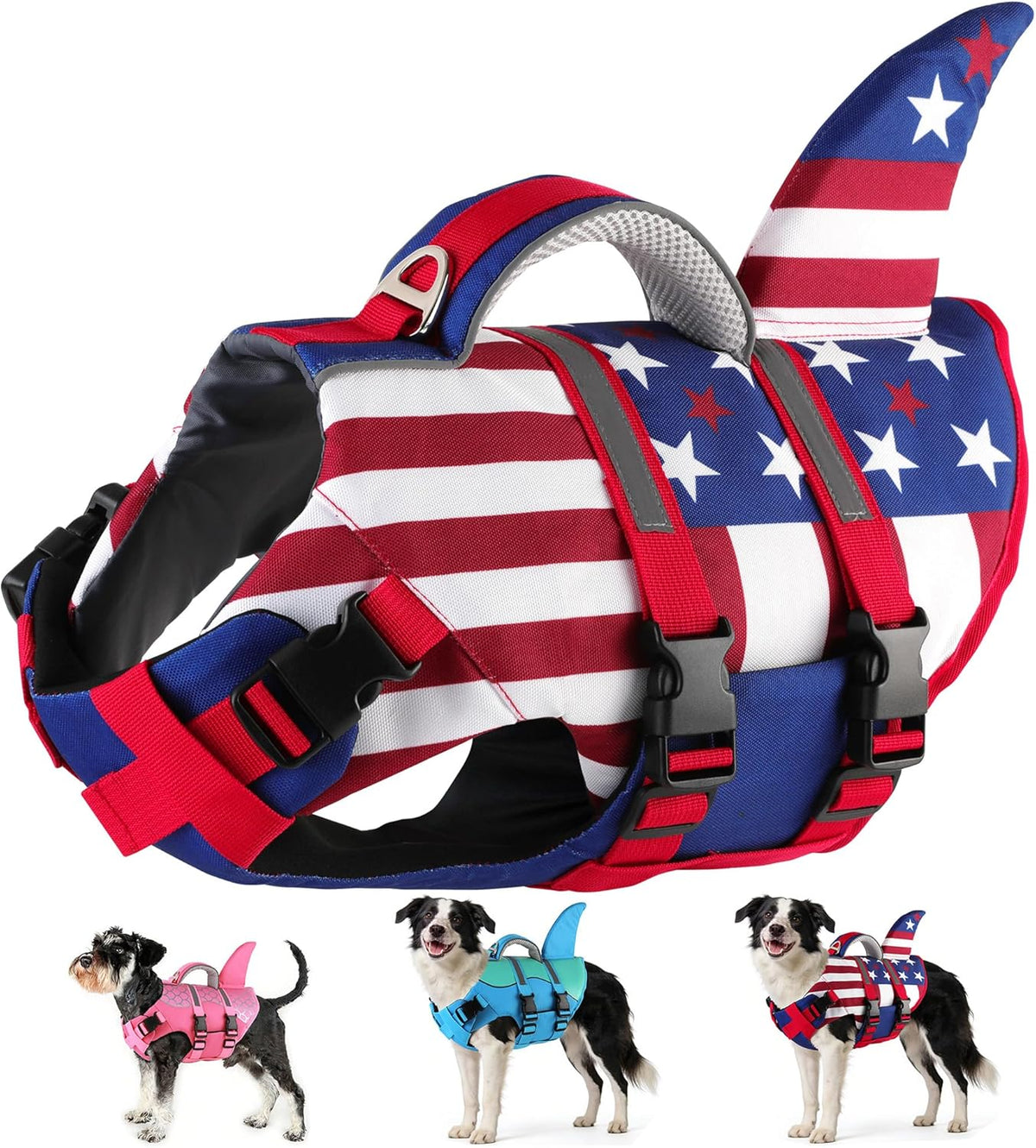 Dog Life Jacket Shark, Neoprene Harness Dog Life Vest with Lift Handle, Reflective Adjustable Pet Swim Float Vest for Small Medium Large Dogs - Blue, L