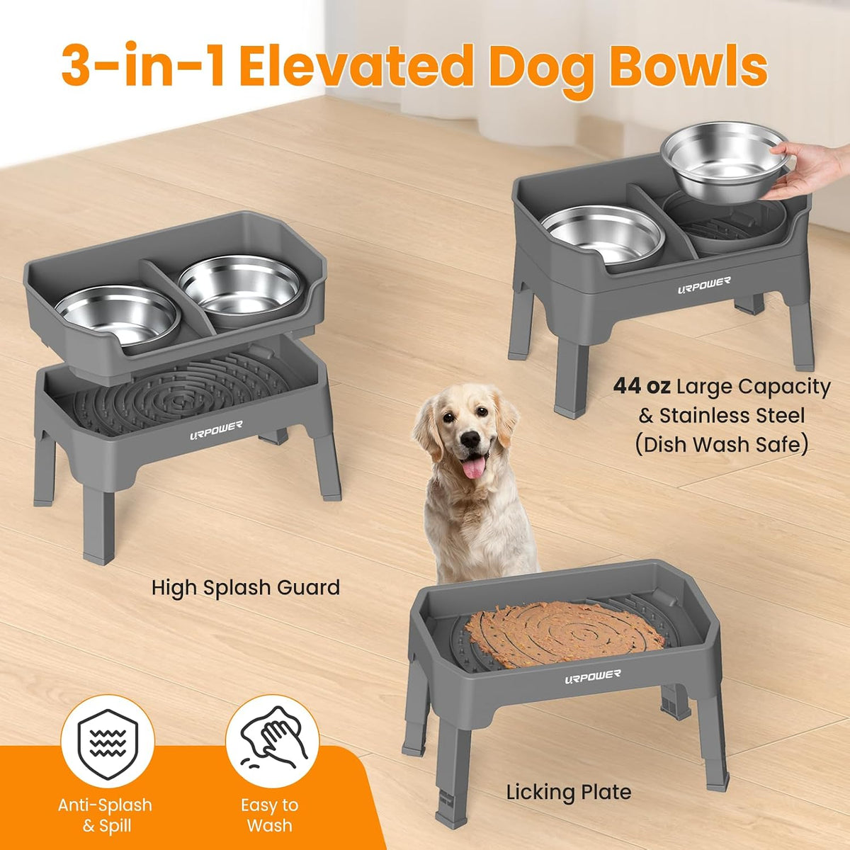 Mess Proof Elevated Dog Bowls, Splash Guard Raised Bowl Stand