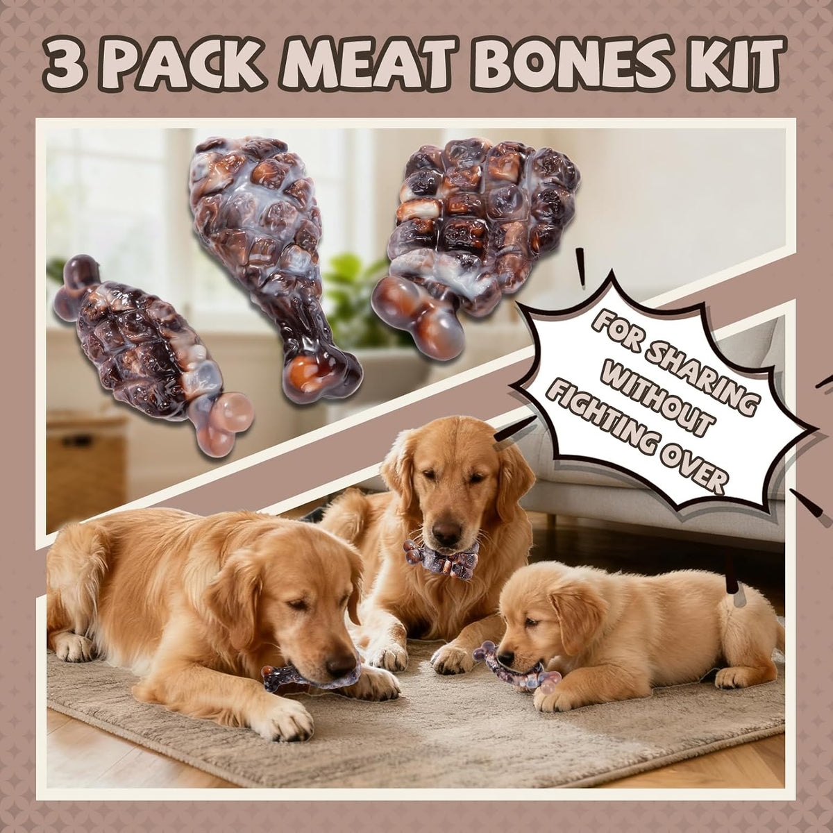 Indestructible Dog Toys for Aggressive Chewers 3 Pack, Tough Dog Chew Toys for Aggressive Chewers Medium and Large Breeds, Durable Dog Toy to Keep Them Busy, Beef Flavored