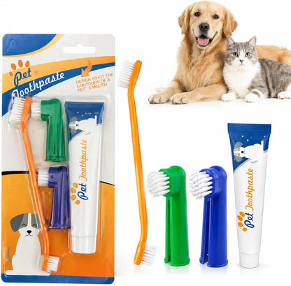 Dog Toothbrush Kit of 4,Pet Supplies with Beef-Flavored Pet Toothpaste,Facilitating Teeth Cleaning and Oral Care, Dual Head/Finger Toothbrush for Small to Large Cats,Dogs and Most Pets