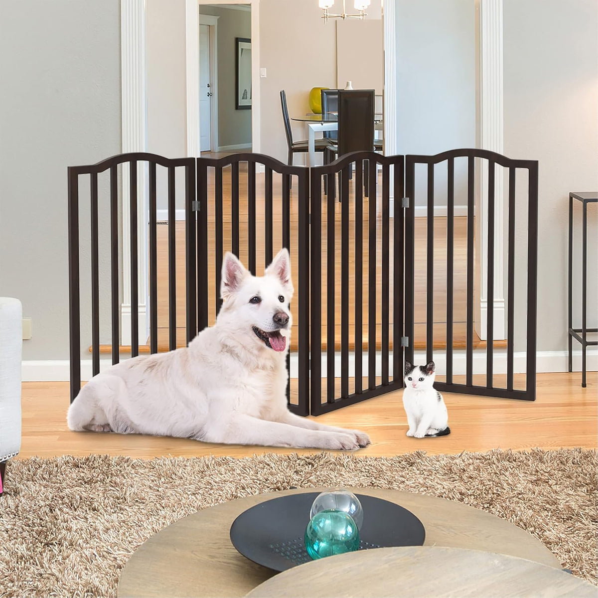 Pet Gate - 3-Panel Indoor Foldable Dog Fence for Stairs, Hallways, or Doorways - 54x32-Inch Wood Freestanding Dog Gates (White)