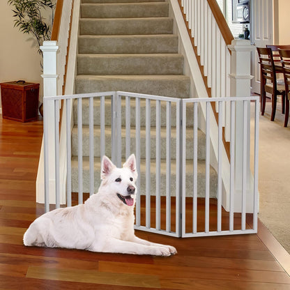 Pet Gate - 3-Panel Indoor Foldable Dog Fence for Stairs, Hallways, or Doorways - 54x32-Inch Wood Freestanding Dog Gates (White)