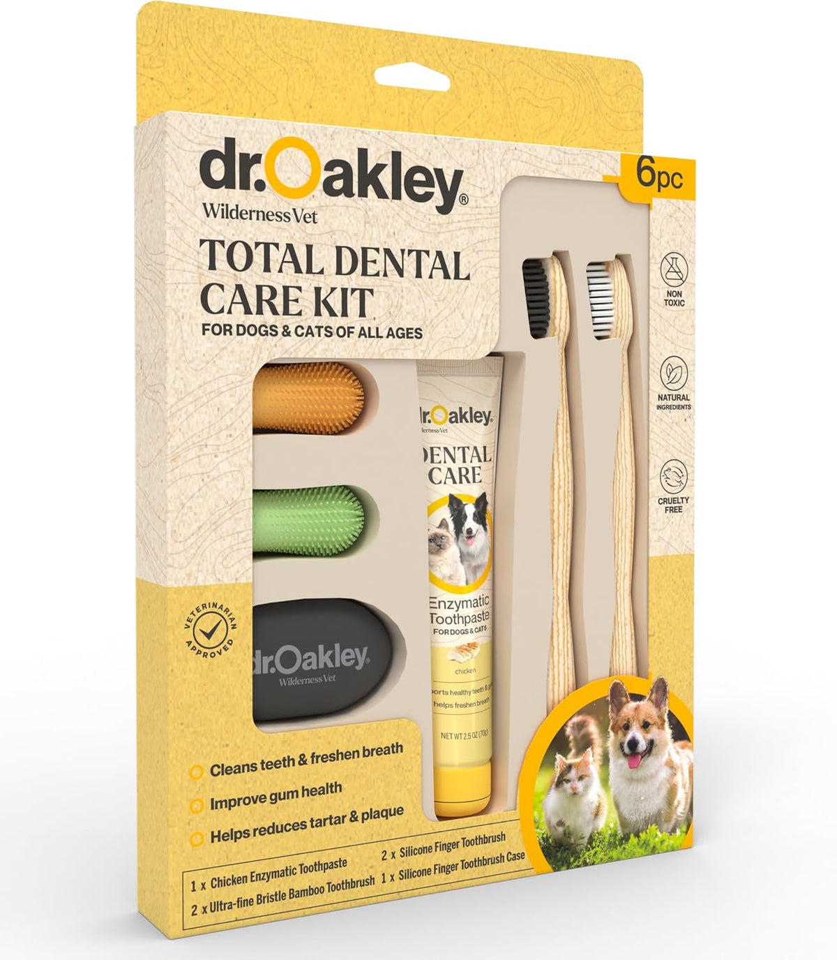 Dr. Oakley Dental Toothbrush Kit for Dogs & Cats, Chicken Flavor | Finger Brush for Small Pets, Soft Brushes for Large or Older Pets, Natural and Safe
