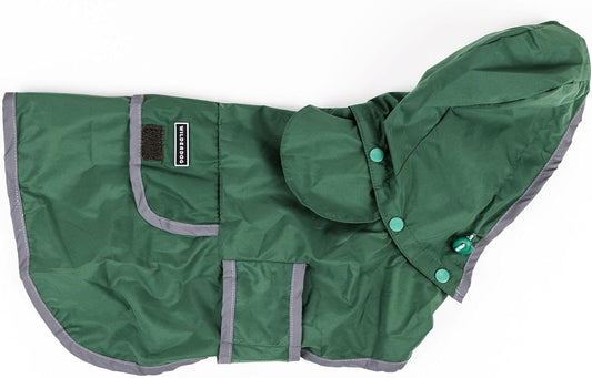Dog Jacket Waterproof Raincoat with Breathable Interior, Removable Hood, Torso Strap, Secure Closures, Back Pocket and Two Hanging Loops, Foldable into Back Pocket