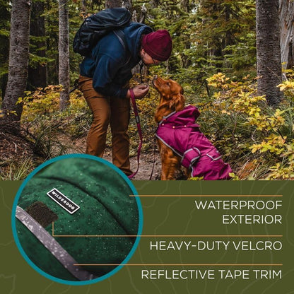 Dog Jacket Waterproof Raincoat with Breathable Interior, Removable Hood, Torso Strap, Secure Closures, Back Pocket and Two Hanging Loops, Foldable into Back Pocket