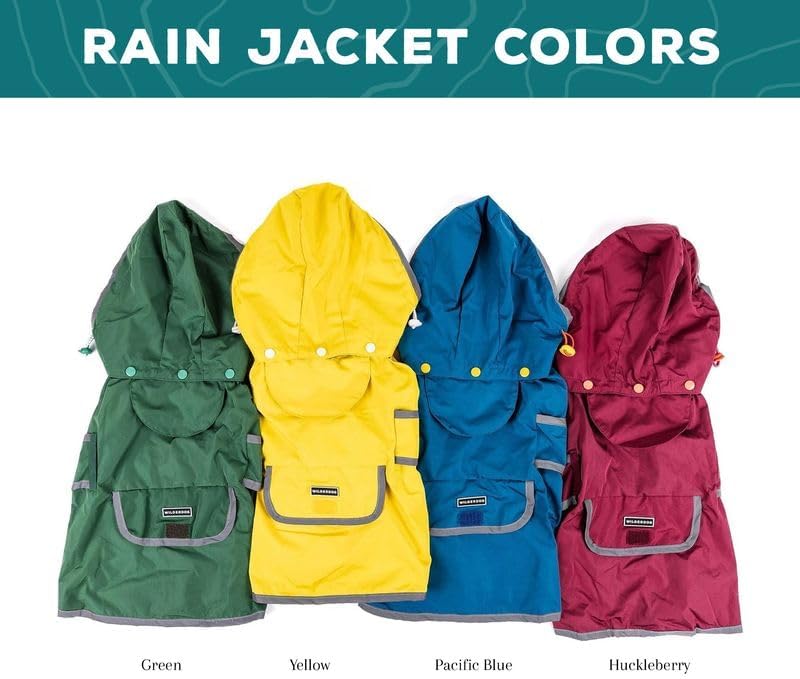 Dog Jacket Waterproof Raincoat with Breathable Interior, Removable Hood, Torso Strap, Secure Closures, Back Pocket and Two Hanging Loops, Foldable into Back Pocket
