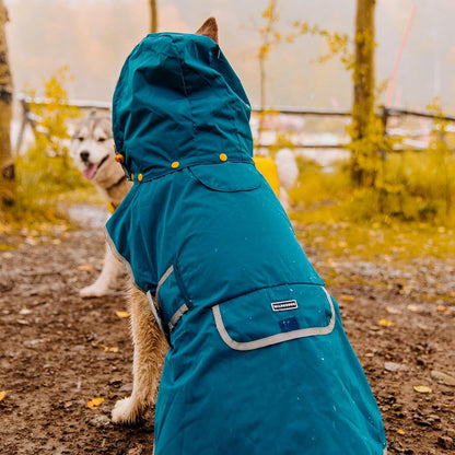Dog Jacket Waterproof Raincoat with Breathable Interior, Removable Hood, Torso Strap, Secure Closures, Back Pocket and Two Hanging Loops, Foldable into Back Pocket