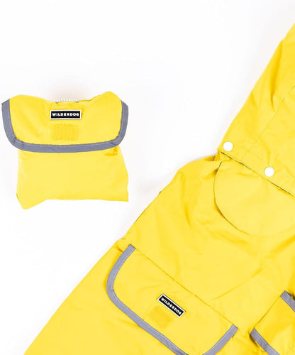 Dog Jacket Waterproof Raincoat with Breathable Interior, Removable Hood, Torso Strap, Secure Closures, Back Pocket and Two Hanging Loops, Foldable into Back Pocket