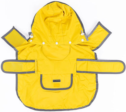 Dog Jacket Waterproof Raincoat with Breathable Interior, Removable Hood, Torso Strap, Secure Closures, Back Pocket and Two Hanging Loops, Foldable into Back Pocket