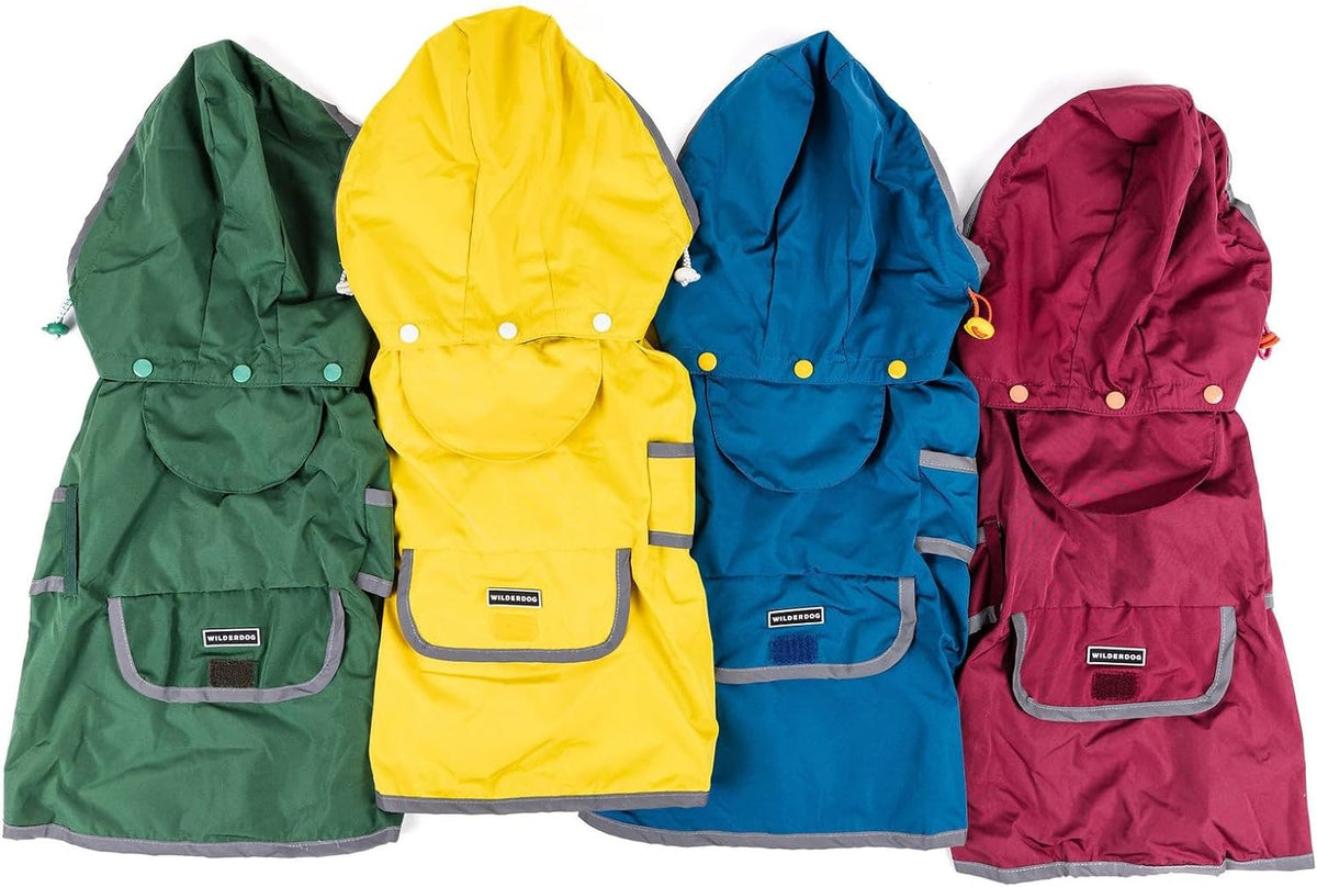 Dog Jacket Waterproof Raincoat with Breathable Interior, Removable Hood, Torso Strap, Secure Closures, Back Pocket and Two Hanging Loops, Foldable into Back Pocket