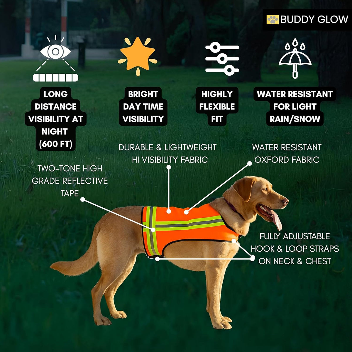 Reflective Dog Vest – Hi-Vis Blaze Orange Safety Vest for Hunting, Walks, Hikes & Everyday Outdoor Visibility – 360° Reflective Tape, Adjustable Fit (Medium)