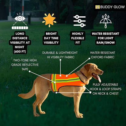 Reflective Dog Vest – Hi-Vis Blaze Orange Safety Vest for Hunting, Walks, Hikes & Everyday Outdoor Visibility – 360° Reflective Tape, Adjustable Fit (Medium)