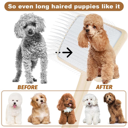 Dog Slicker Brush for Large Dogs, Professional Doodles Brush for Poodles, Goldendoodles and Labradoodles - Easy to Remove Tangles, Mats and Fluff - 3.8"x3.2" Head, 8" Wood Body