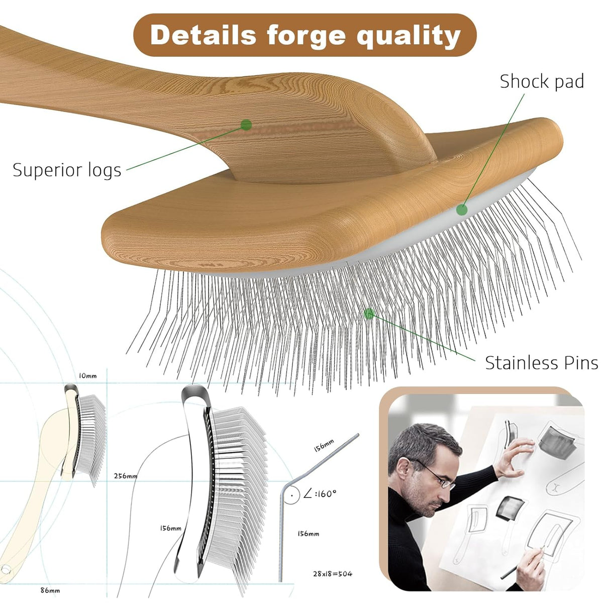 Dog Slicker Brush for Large Dogs, Professional Doodles Brush for Poodles, Goldendoodles and Labradoodles - Easy to Remove Tangles, Mats and Fluff - 3.8"x3.2" Head, 8" Wood Body