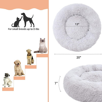 Fluffy Calming Cat Beds for Indoor Cats - Washable Round Dog Beds for Small Medium Dogs, Anti Anxiety Plush Faux Fur Pet Bed